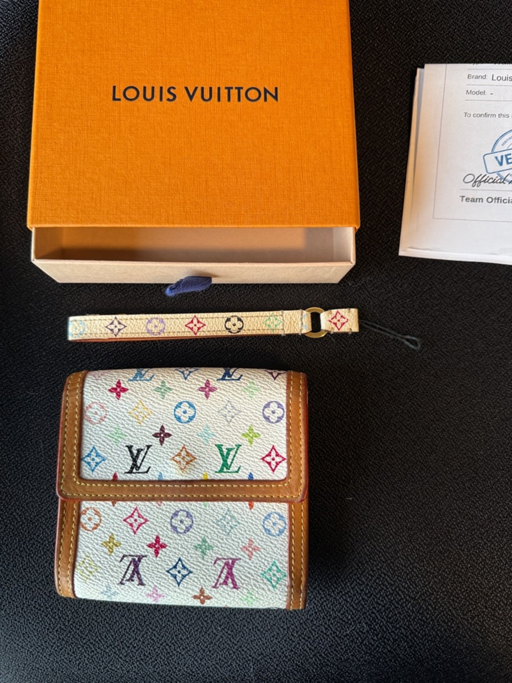 Louis Vuitton White Multicolor Monogram Card/wallet with keychain/charm & box